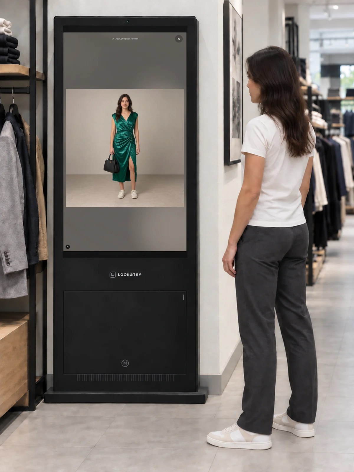 Une cliente découvre sur un totem son essayage virtuel d’une robe verte avec un sac.